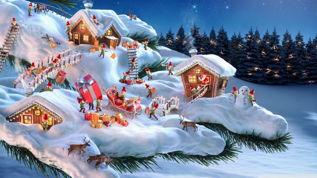 Обои картинки фото праздничные, векторная графика , новый год, ель, снег, домики, гномы