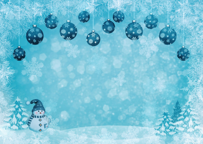 Обои картинки фото праздничные, векторная графика , новый год, шары, снежинки, снег, снеговик