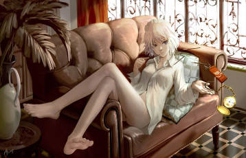 Картинка аниме touhou диван часы подушка печенье девушка izayoi sakuya шоколадные палочки комната пачка рубашка