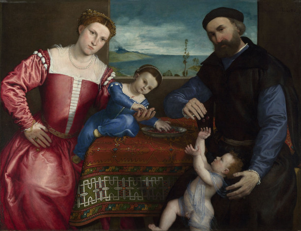 Обои картинки фото lorenzo, lotto, portrait, of, giovanni, della, volta, with, his, wife, and, children, рисованные