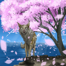 Картинка рисованные животные +сказочные +мифические сакура волк