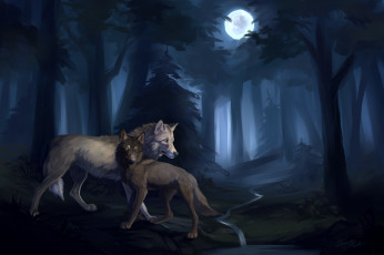 обоя рисованные, животные,  волки, волки, луна, лес, ночь