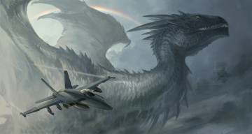 Картинка фэнтези драконы радуга самолеты истребители дракон монстр