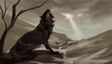 Картинка рисованные животные +волки дерево волк