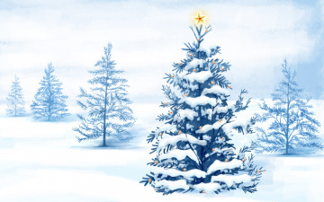 обоя праздничные, рисованные, снег, ёлки, звезда, огоньки