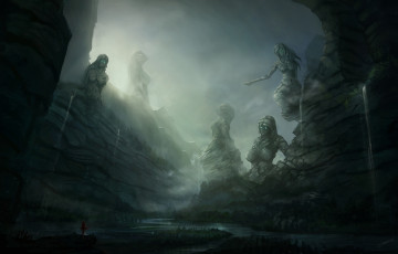 Картинка фэнтези иные+миры +иные+времена река водопады пещера ущелье статуи гигантские