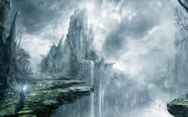 Обои картинки фото фэнтези, замки, скалы, дымка, водопад, горы, замок