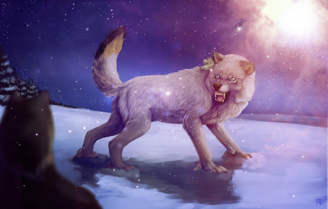 Обои картинки фото рисованные, животные,  сказочные,  мифические, клыки, снег, волк