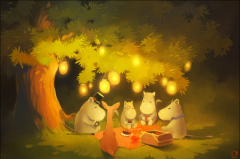 Картинка gaudibuendia рисованное -+другое лес бегемотики свет фонари деревья зелень пикник