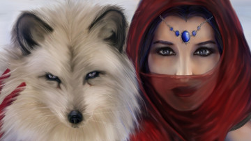 Картинка рисованное люди животное украшение красный платок глаза взгляд девушка