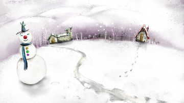 Картинка рисованное природа снеговик зима снег следы дома