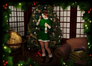 Картинка 3д+графика праздники+ holidays глобус фон взгляд девушка интерьер елка бокал шампанское рыжая