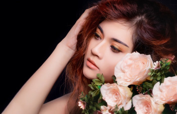 Картинка девушки -unsort+ лица +портреты лицо розы цветы макияж волосы азиатка портрет