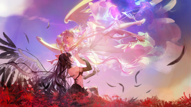 Обои картинки фото аниме, mahou shoujo madoka magika, homura, madoka