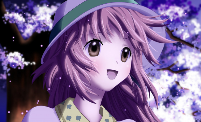 Обои картинки фото аниме, unknown,  другое, сакура, радость, шляпа, улыбка, девочка