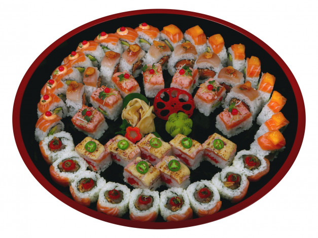 Обои картинки фото еда, рыба,  морепродукты,  суши,  роллы, ассорти, васаби, имбирь, роллы, кухня, японская