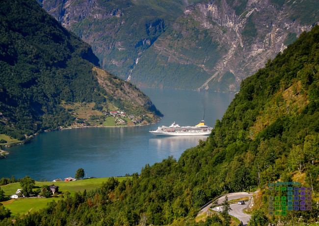 Обои картинки фото норвегия, календари, техника,  корабли, гора, водоем, 2018, корабль, растения