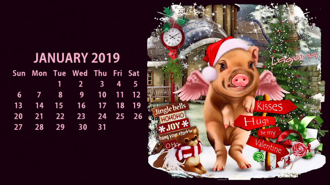 Обои картинки фото календари, праздники,  салюты, собака, часы, поросенок, свинья