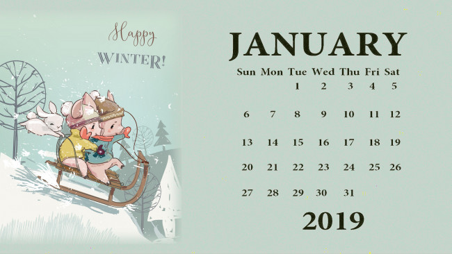 Обои картинки фото календари, праздники,  салюты, зима, свинья, санки, заяц, поросенок