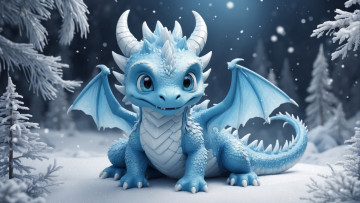 Картинка 3д+графика фантазия+ fantasy зима снег природа снежный дракон рождество новый год дракончик