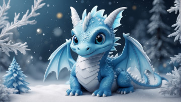 Картинка 3д+графика фантазия+ fantasy зима снег природа снежный дракон рождество новый год дракончик
