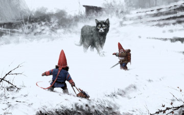 Картинка фэнтези существа гномы сумка меч снег кот