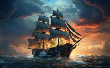обоя корабли, 3d, море, небо, вода, облака, корабль, парусник, паруса, водоем
