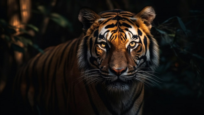 Обои картинки фото 3д графика, животные , animals, взгляд, морда, природа, тигр, поза, темный, фон, ии-арт, нейросеть