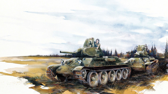 Обои картинки фото рисованное, армия, танки, колонна, поле