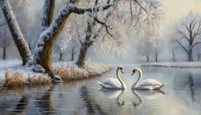 Обои картинки фото рисованное, животные, зима, пруд, птицы
