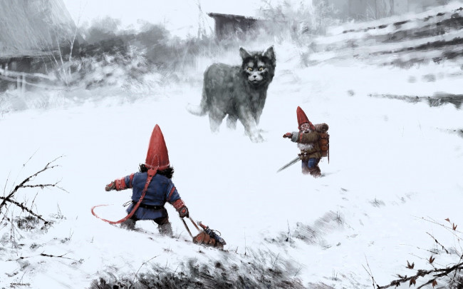Обои картинки фото фэнтези, существа, гномы, сумка, меч, снег, кот