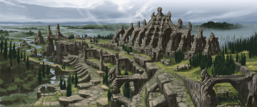 Картинка видео игры the elder scrolls skyrim пейзаж реки скалы дома здания арки