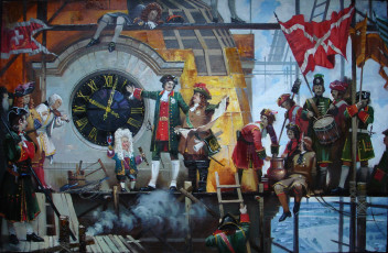 Картинка рисованные живопись пётр i часы солдаты карлик барабан знамя