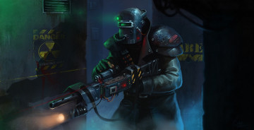 Картинка фэнтези люди автомат солдат шлем костюм защитный опасность