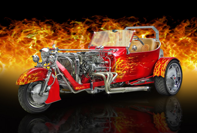 Обои картинки фото viper red 1923 ford t-bucket trike, мотоциклы, трёхколёсные мотоциклы, огонь, пламя, трицикл, ford, t-bucket, trike, трайк, viper, red