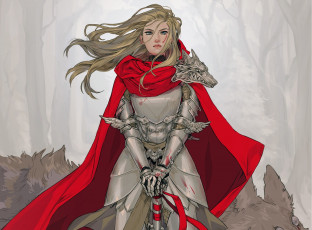 Картинка фэнтези девушки арт девушка взгляд доспехи плащ красный меч