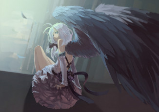 Картинка аниме ангелы +демоны xzcpop арт девушка крылья ангел цветы розы перья бант
