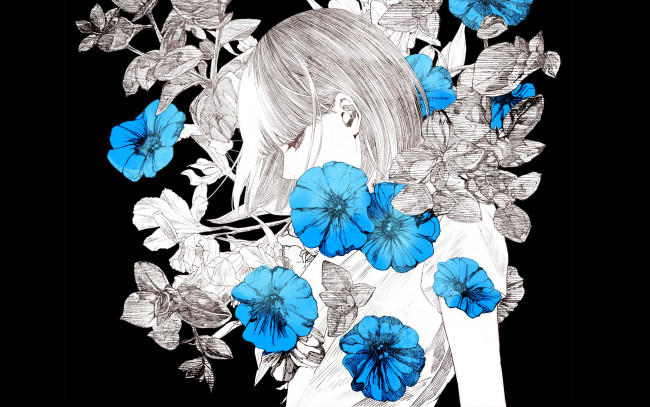 Обои картинки фото аниме, unknown,  другое, art, kiyohara, hiro, девушка, цветы, черный, фон