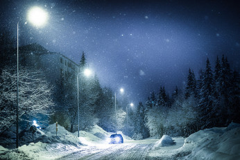 Картинка природа дороги снег деревья дорога ночь