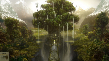 Картинка календари фэнтези водопад деревья 2018