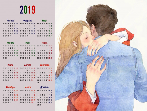 Обои картинки фото календари, рисованные,  векторная графика, 2019, ласка, мужчина, девушка