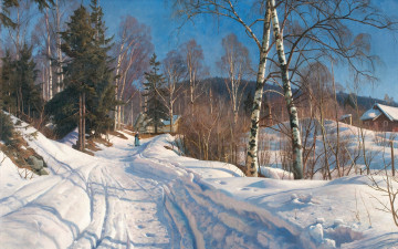 Картинка рисованное живопись солнечный зимний пейзаж danish realist painter peder mоrk mоnsted петер мерк менстед