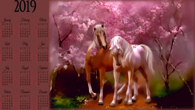 Обои картинки фото календари, фэнтези, цветы, конь, деревья, лошадь