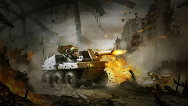 Обои картинки фото видео игры, battalion wars, машина, танк, девушка, огонь, ствол