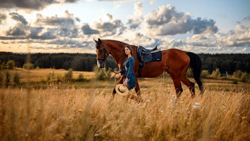 Картинка девушки -+брюнетки +шатенки луг трава лето облака брюнетка лошадь шляпа