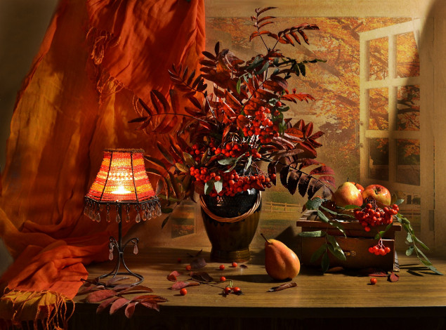 Обои картинки фото еда, натюрморт, лампа, груша, рябина, осень