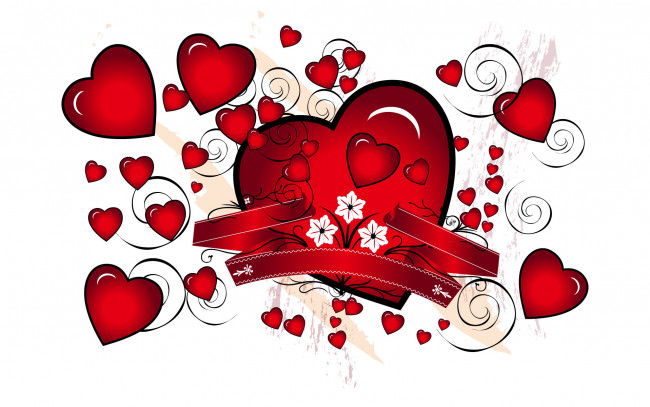 Обои картинки фото векторная графика, сердечки , hearts, сердечки, цветы, ленты