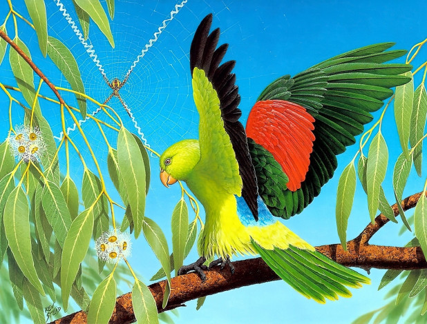 Обои картинки фото рисованное, животные,  птицы,  попугаи, попугай, ветка, дерево