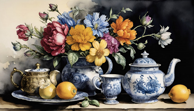 Обои картинки фото рисованное, цветы, темный, фон, стол, букет, чайник, тарелка, чашка, посуда