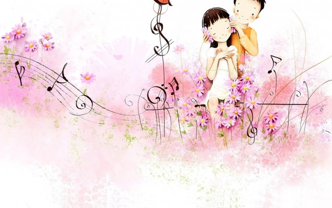 Обои картинки фото рисованное, дети, мальчик, девочка, цветы, ноты